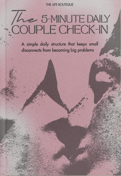 Book titled 'The 5-Minute Daily Couple Check-In' with abstract design on a beige background