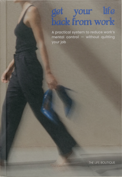 Book cover with a blurred image of a person walking and text about reducing work life.