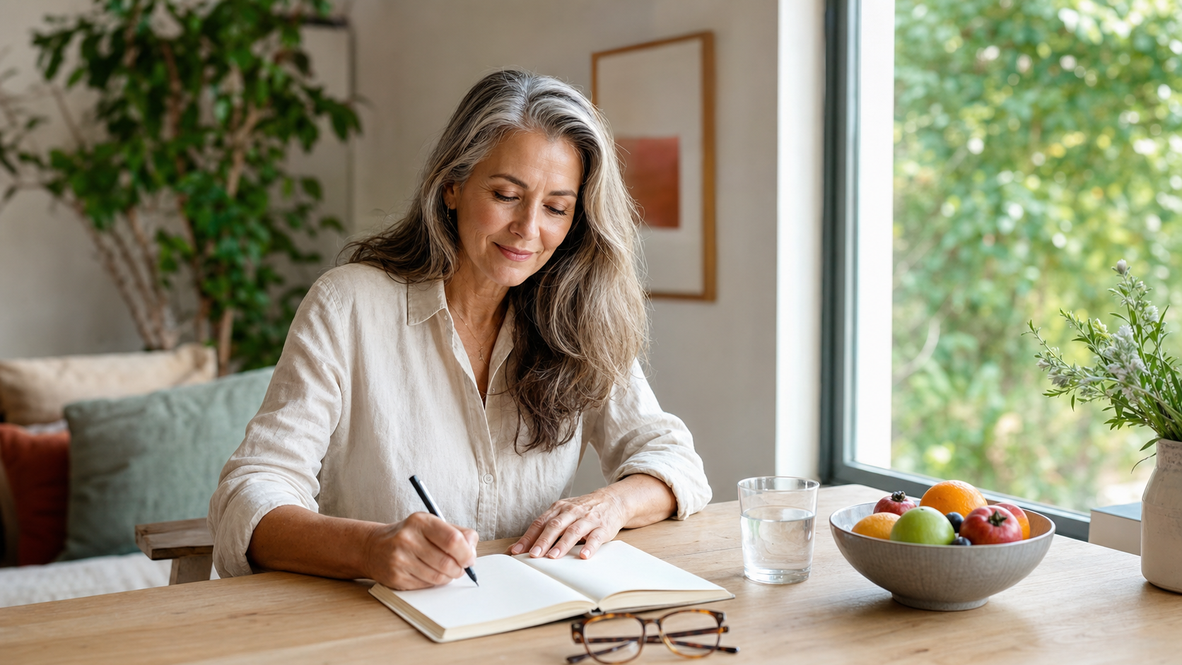 Elderly woman writing at a desk