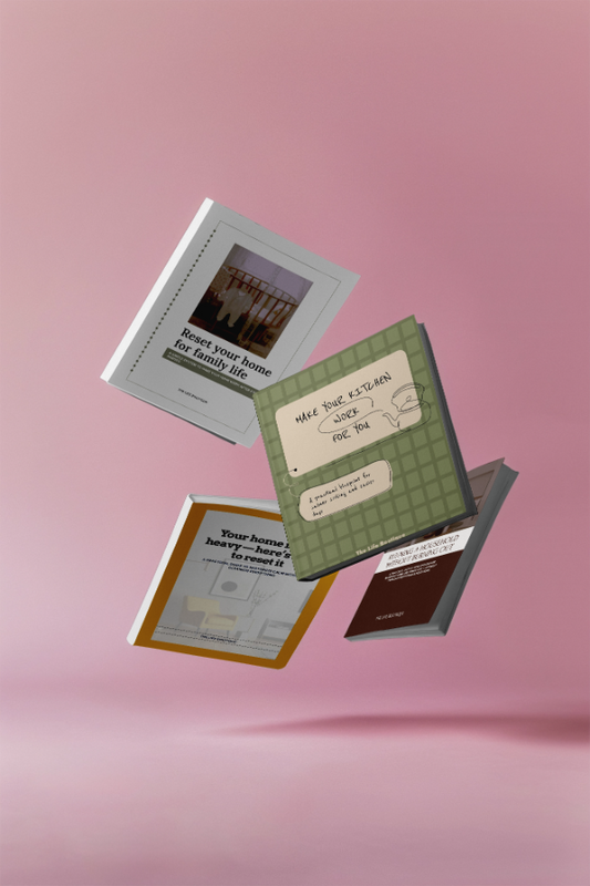 Four vintage-style cards with text and images on a pink background