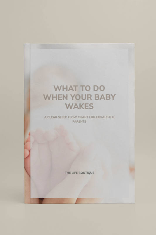 Book cover titled 'What to Do When Your Baby Wakes' by The Life Boutique on a beige background