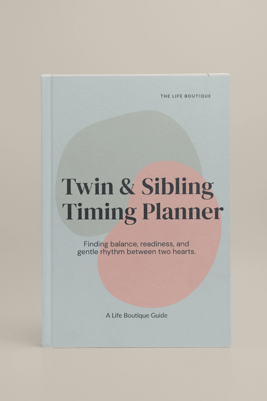 Book titled 'Twin & Sibling Timing Planner' by The Life Boutique on a beige background