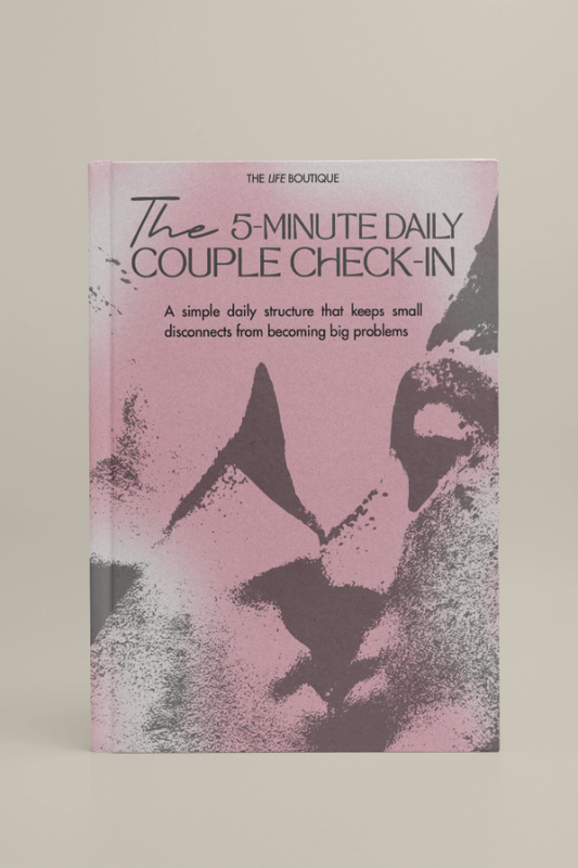 Book titled 'The 5-Minute Daily Couple Check-In' with abstract design on a beige background