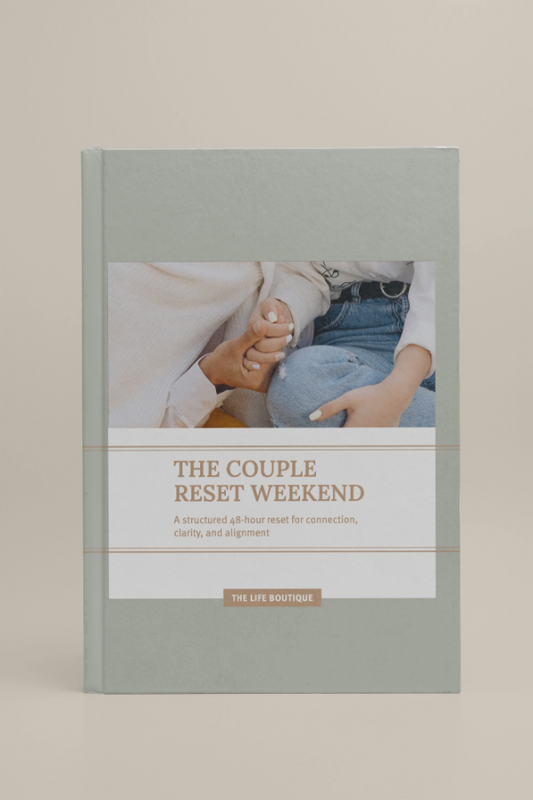 Book titled 'The Couple Reset Weekend' on a beige background