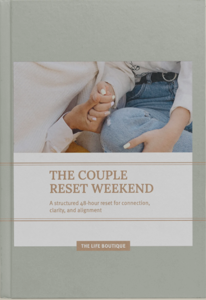 Book titled 'The Couple Reset Weekend' on a beige background