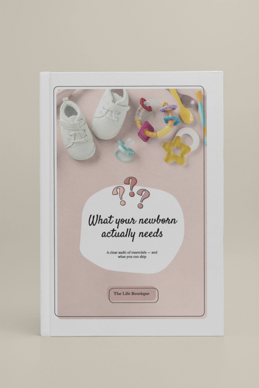 Product packaging with baby items and text on a beige background
