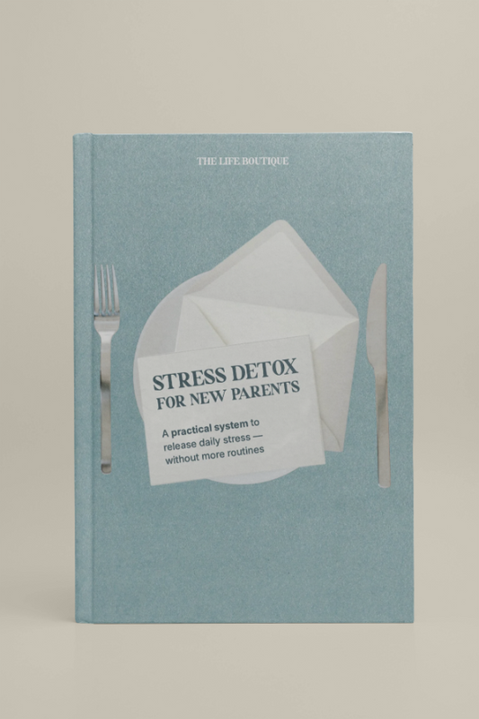Book titled 'Stress Detox for New Parents' with a fork, knife, and paper towel design on a light blue background.