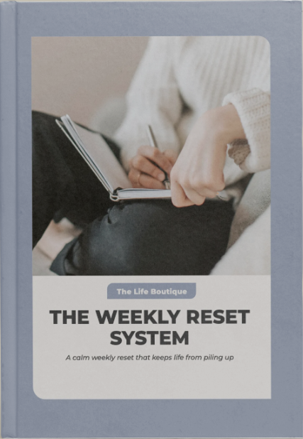 Book titled 'The Weekly Reset System' on a beige background