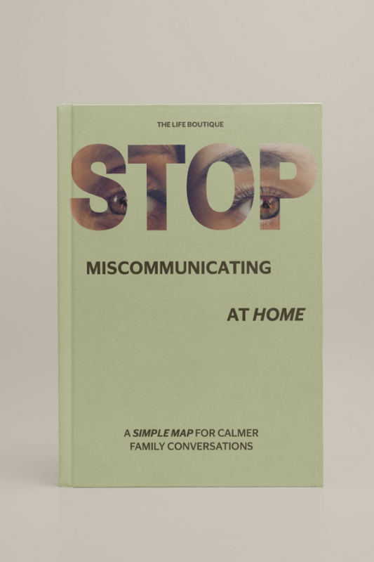Book titled 'Stop Miscommunicating at Home' on a beige background