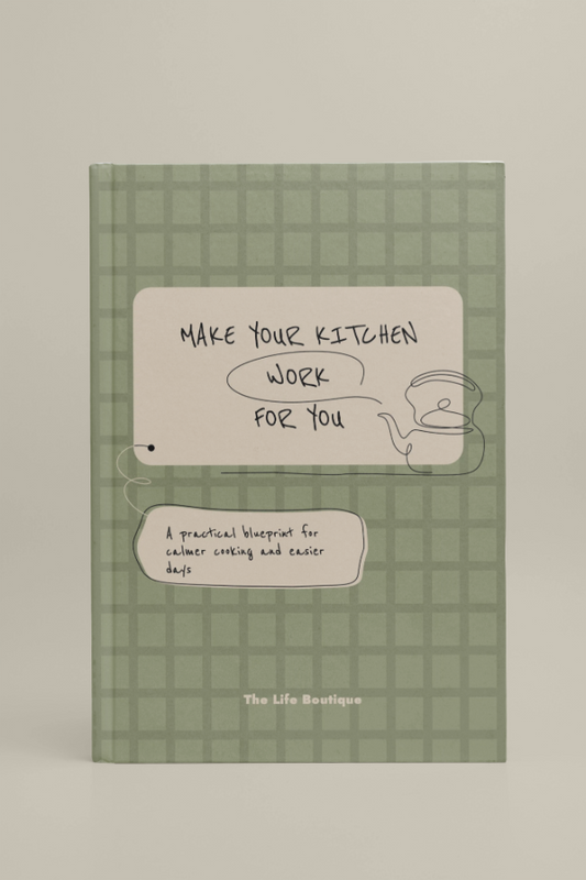 Book cover with text 'Make your kitchen work for you' on a green checkered background