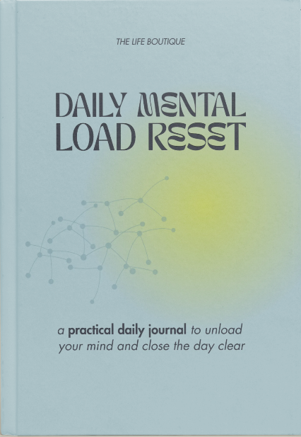 Journal titled 'Daily Mental Load Reset' on a beige background