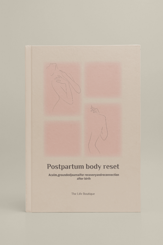 Book titled 'Postpartum body reset' with minimalistic line art on a beige background
