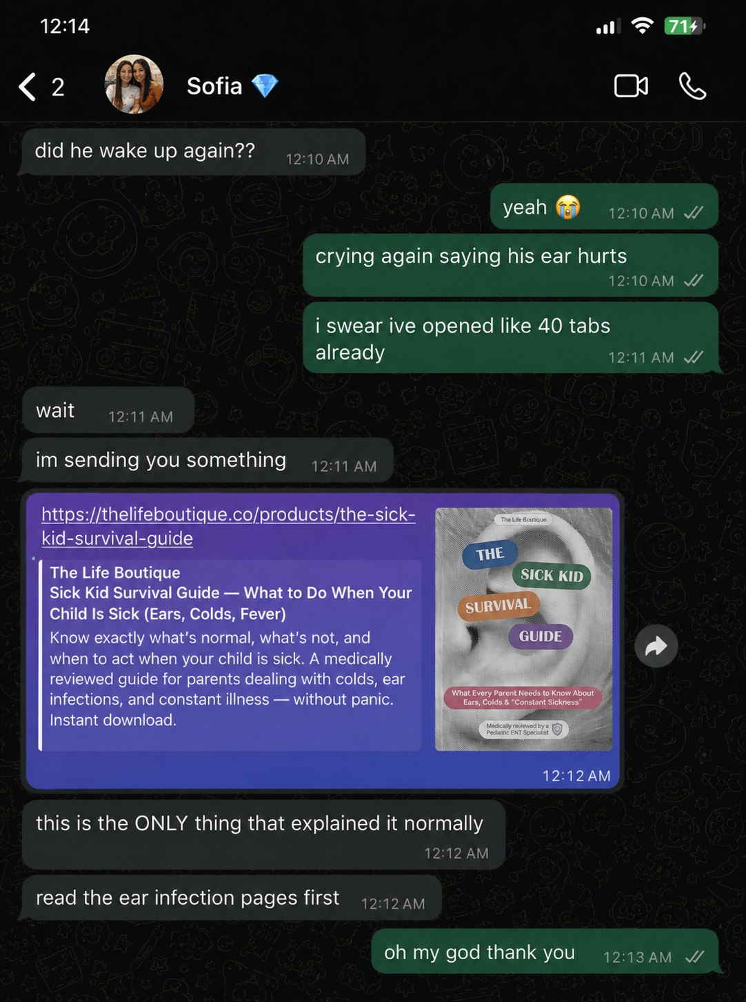 Sent to my sister at midnight.