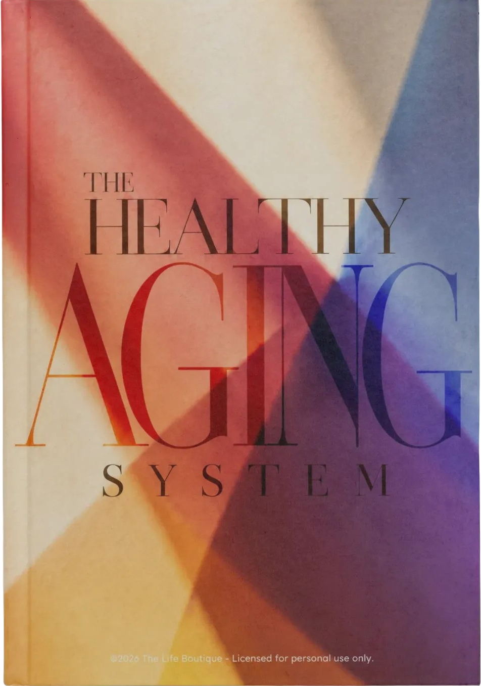 The Healthy Aging System book cover featuring an abstract geometric design with diagonal color blocks of red, orange, yellow, purple, and blue, with the title in large serif text.