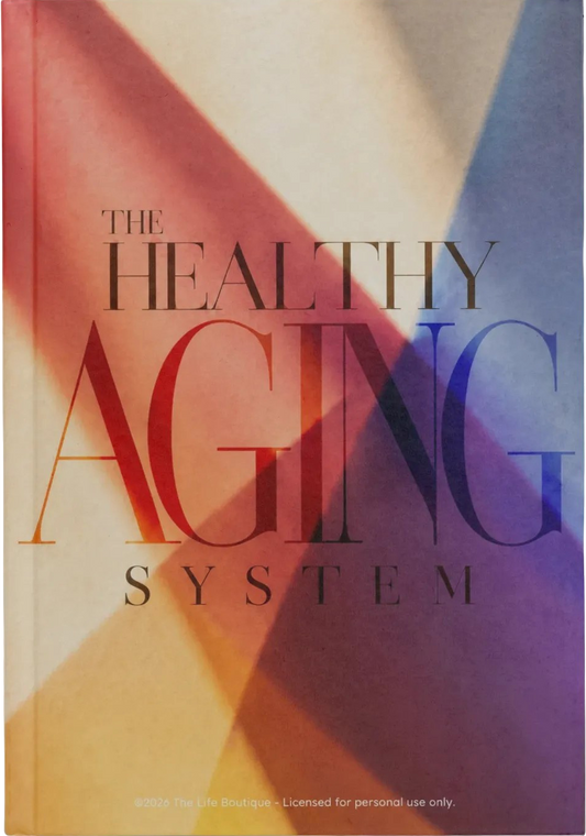 The Healthy Aging System book cover featuring an abstract geometric design with diagonal color blocks of red, orange, yellow, purple, and blue, with the title in large serif text.
