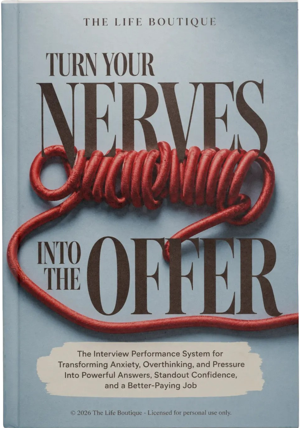 A book titled 'Turn Your Nerves Into the Offer' by The Life Boutique, featuring a light blue-gray cover with large dark brown text and a red coiled rope graphic.