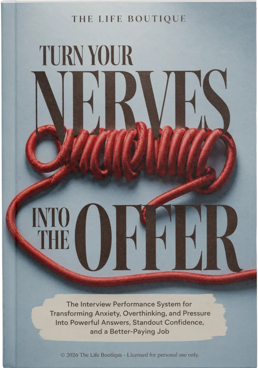 A book titled 'Turn Your Nerves Into the Offer' by The Life Boutique, featuring a light blue-gray cover with large dark brown text and a red coiled rope graphic.